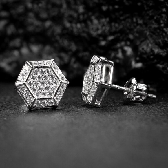White Gold 925 Sterling Silver Men's Hip Hop Octagon Cz Stud Earrings - Picture 4 of 5